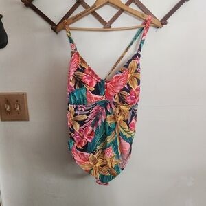 NWT Kona Sol Medium Coverage One Piece Swimsuit Floral Green Pink 22 W